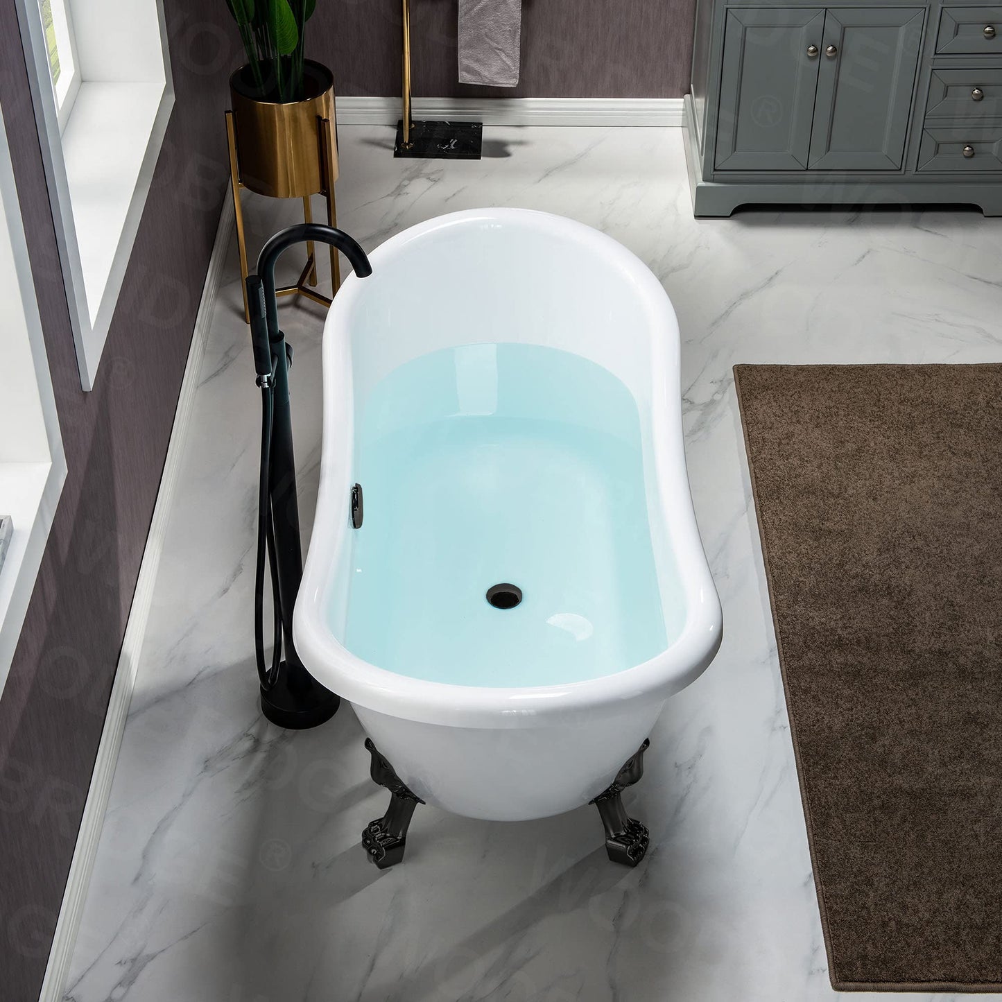 WOODBRIDGE 59" Heavy Duty Acrylic Double Slipper Clawfoot Bath Tub with Matte Black Feet + Matte Black Drain &Overflow