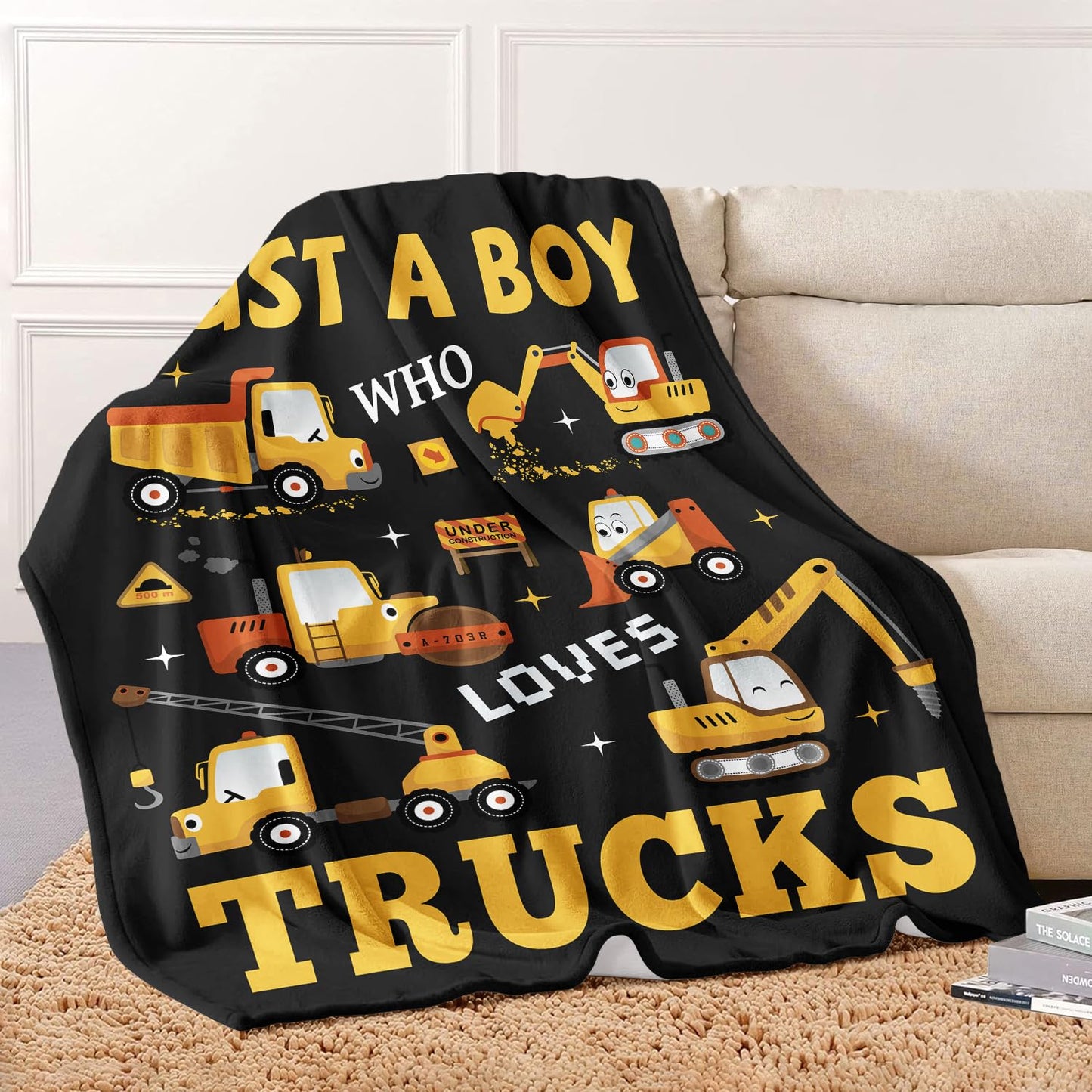 XSMEI Tractor Excavator Blanket, Just A Boy Who Loves Construction Trucks Blanket, Soft Warm Cozy Fleece Throw, Gifts for Boys Teens Kids, 40"x50", Black