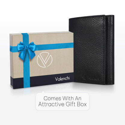 Leather Trifold Wallet For Men - RFID Blocking - 6 Card Slots, 2 Note Compartments & 1 ID Window - Minimalist Design, Slim Wallet - Premium, Fashionable Gifts for Him - Father's Day (Black Pebble)