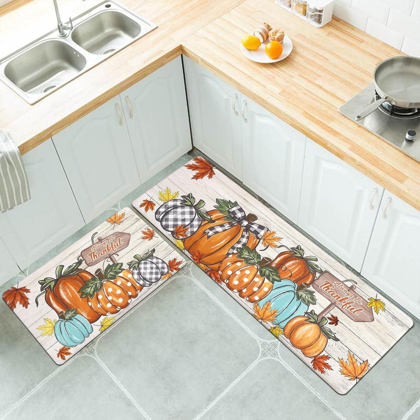 U'Artlines Fall Kitchen Mat - Anti Fatigue Cushioned Comfort Mats, Colorful Pumpkin Kitchen Rugs 17"x28"+17"x47"
