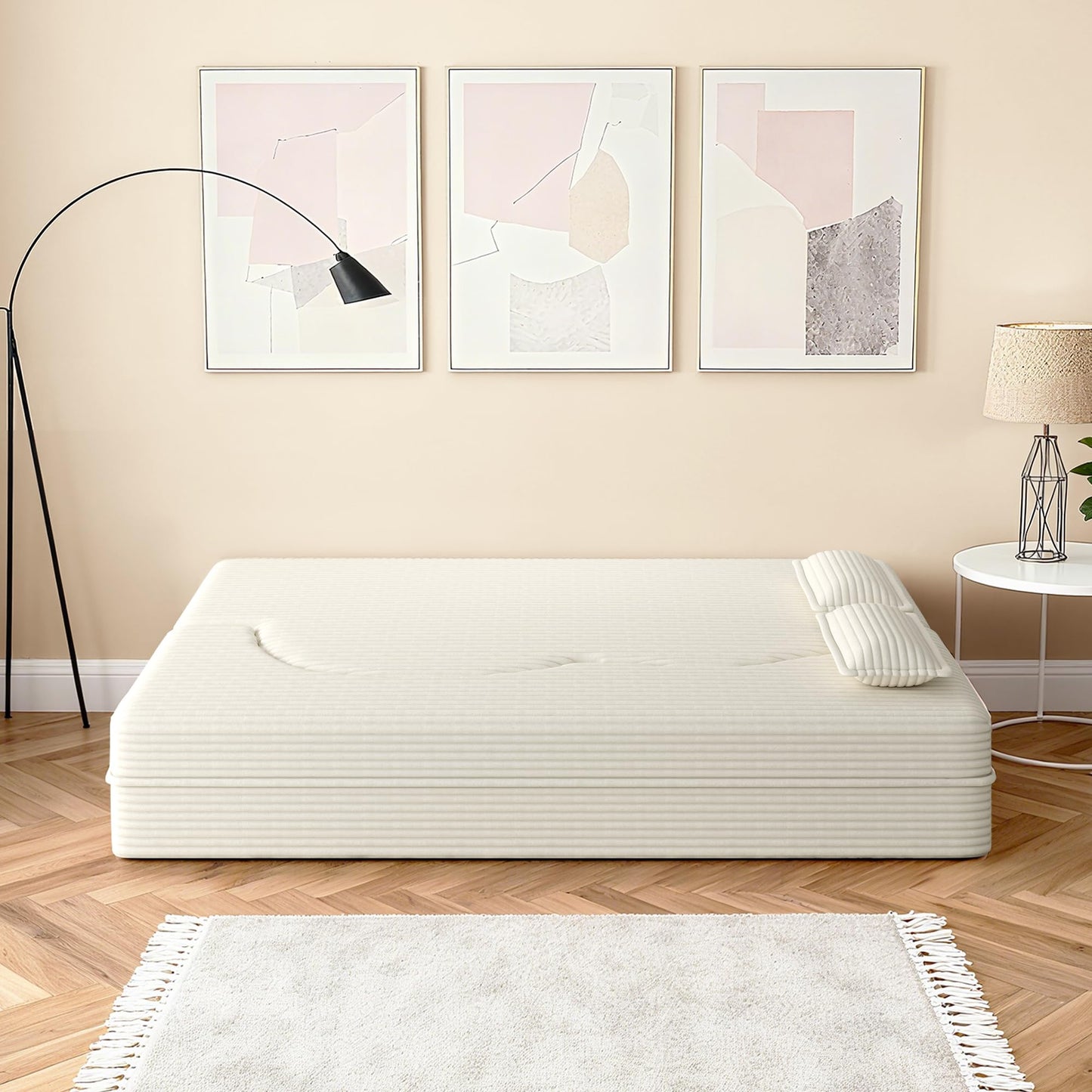 BAYYELL 78" Full Size Convertible Sofa Bed, 2-in-1 Folding Floor Couch with 2 Pillows, Sleeper Sofa for Living Room and Bedroom, No Assembly Required (Beige, Corduroy Fabric)