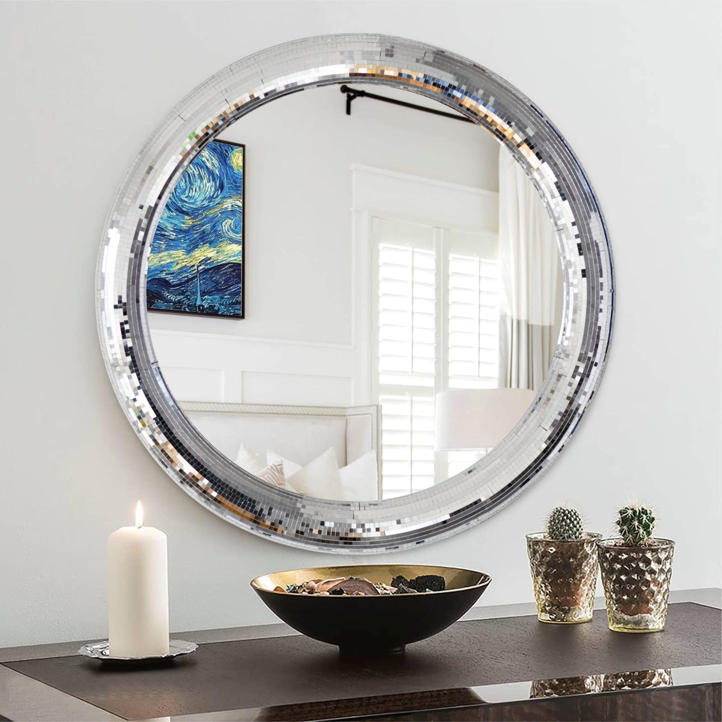 LuHeToz 23.6inch Round Decorative Wall Mirror with Mosaic Glass Frame, Silver Bathroom Vanity Mirror