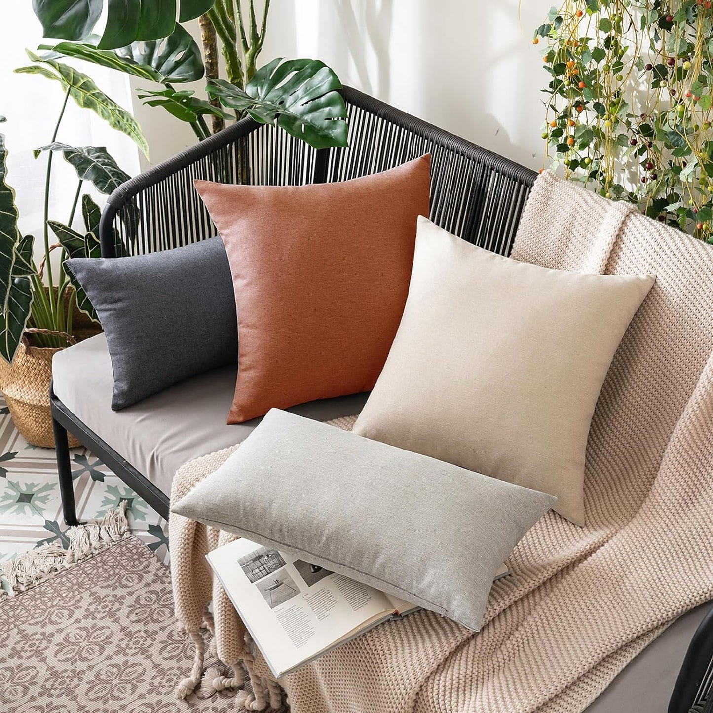 MIULEE Decorative Outdoor Throw Pillow Covers - Waterproof Faux Linen Cushion Cases | 24x24 Inch Rust (Pack of 2)