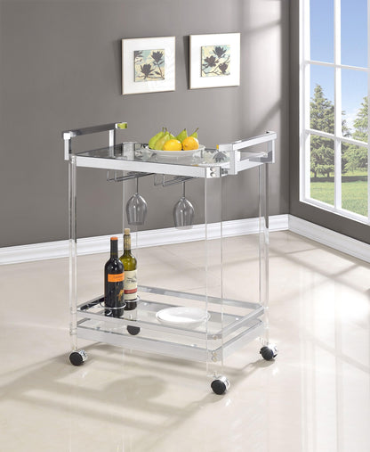 BOWERY HILL Bar Cart, Chrome Finish, Acrylic and Metal Frame with Glass Shelves, 35" H x 28.5" W x 17.25" D, Wine Bottle and Stemware Racks, Contemporary Style Serving Cart with Wheels