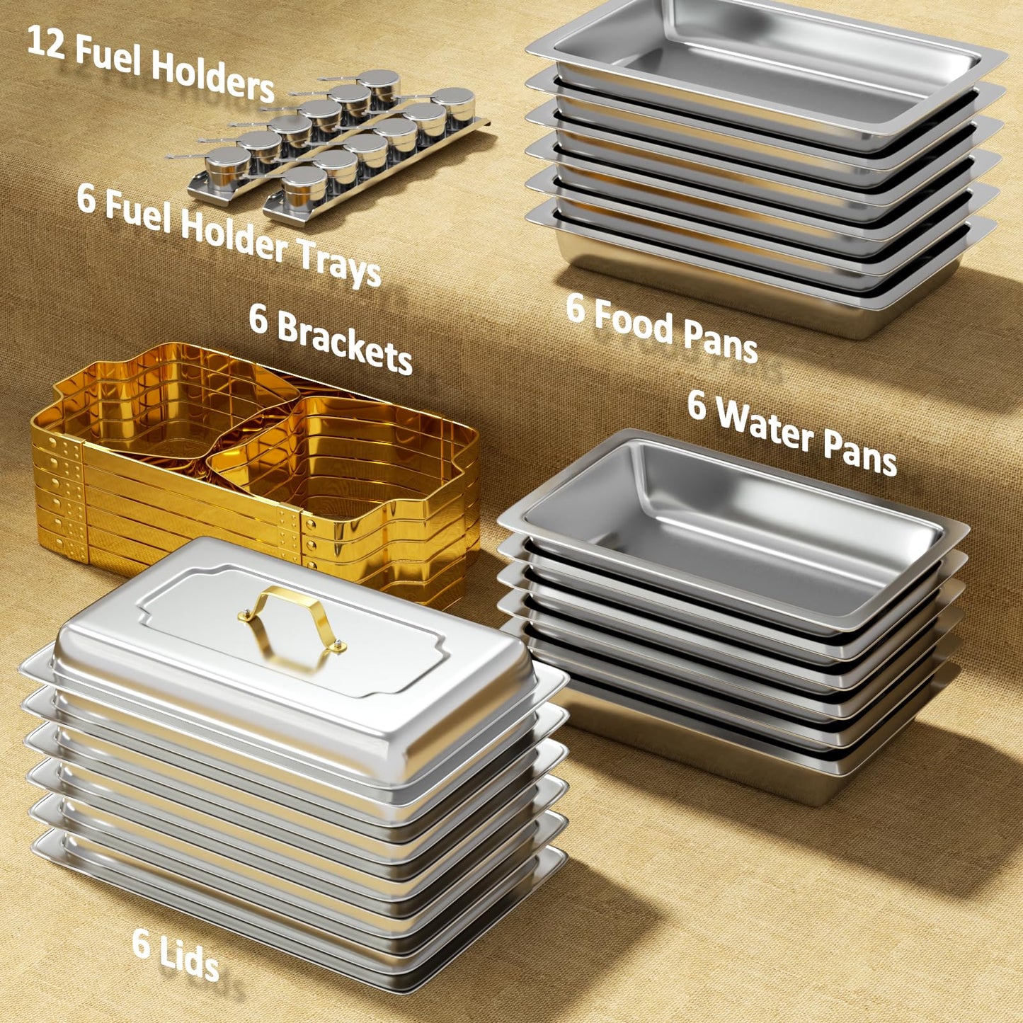 Chafing Dishes for Buffet 6 Pack, 9QT [Elegant Gold and Silver Colors] Stainless Steel Chafing Dish Buffet Set [Sturdy and High Grade] Chafers and Buffet Warmers Sets for Any Party with Complete Set
