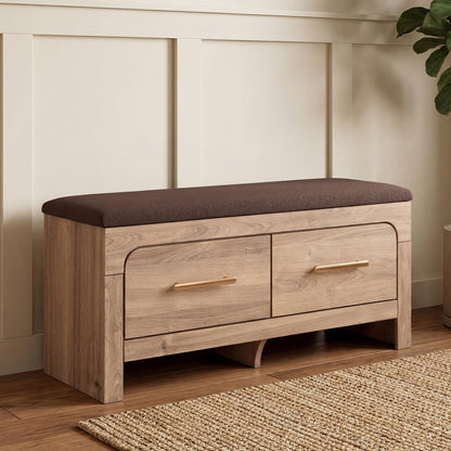 Signature Design By Ashley Hollymount Upholstered Bedroom Storage Bench, Two Drawers, Bronze Hardware, Wood/Fabric, 43.62" W x 15.75" D x 20" H, Tan/Brown