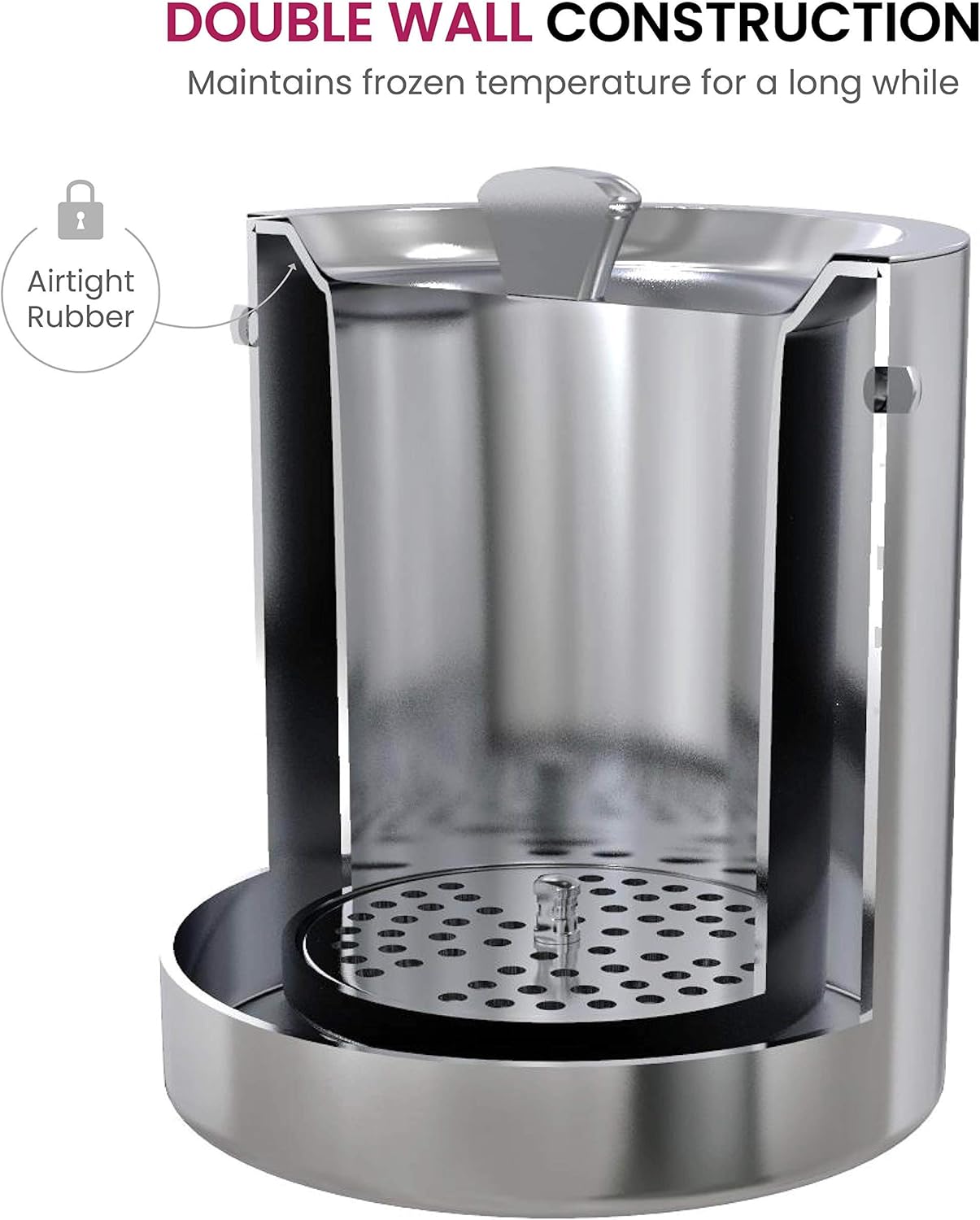 FineDine Double-Wall Stainless Steel Insulated Ice Bucket - 3 Liter with Lid & Ice Tong for Home Bar