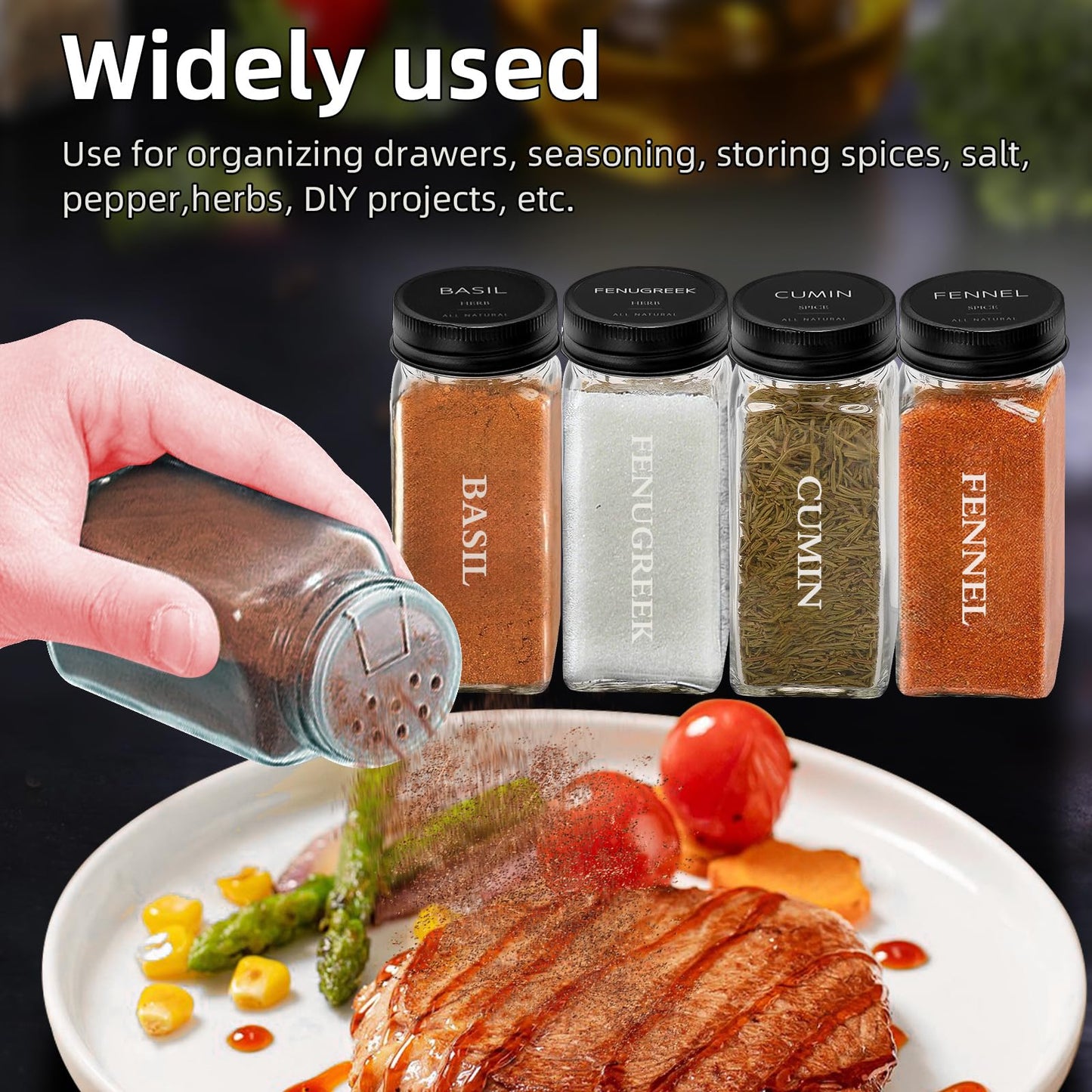 12Pcs 4 OZ Glass Spice Jars with black Metal Caps, Glass Jars with Minimalist Farmhouse Spice Labels Stickers, Collapsible Funnel, Seasoning Storage Bottles for Spice Rack, Cabinet, Drawer (12)
