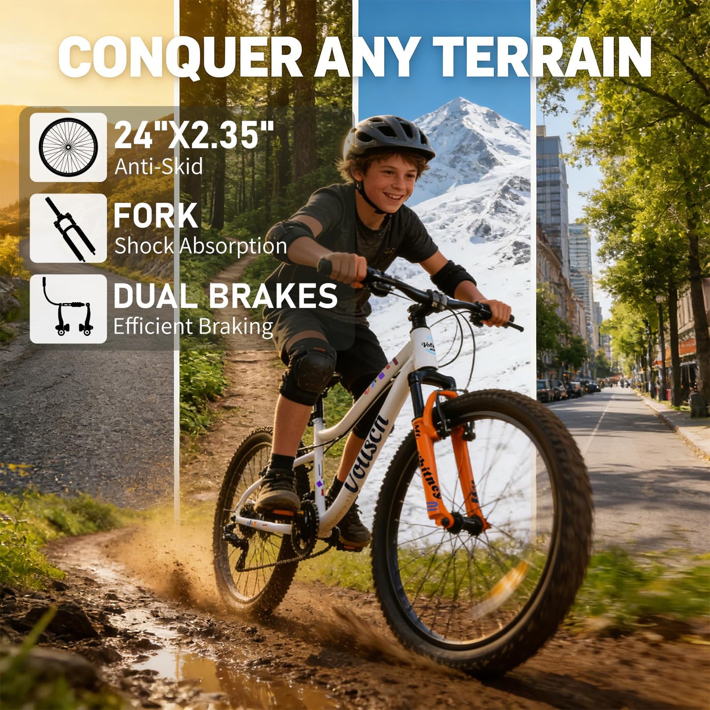 vollsch 24 Inch Kids Mountain Bike for 9-15 Years Old Boys Girls Teens 6-Speed Child MTB Bicycle with Front Suspension Fork, White with Orange Fork