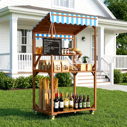 SUNRISELAND Wooden Farm Stand Cart, Solid Wood Farmers Market Stand with Wood Roof, Heavy Duty Display Table with Lockable Wheels, for Events & Small Business, Light Brown