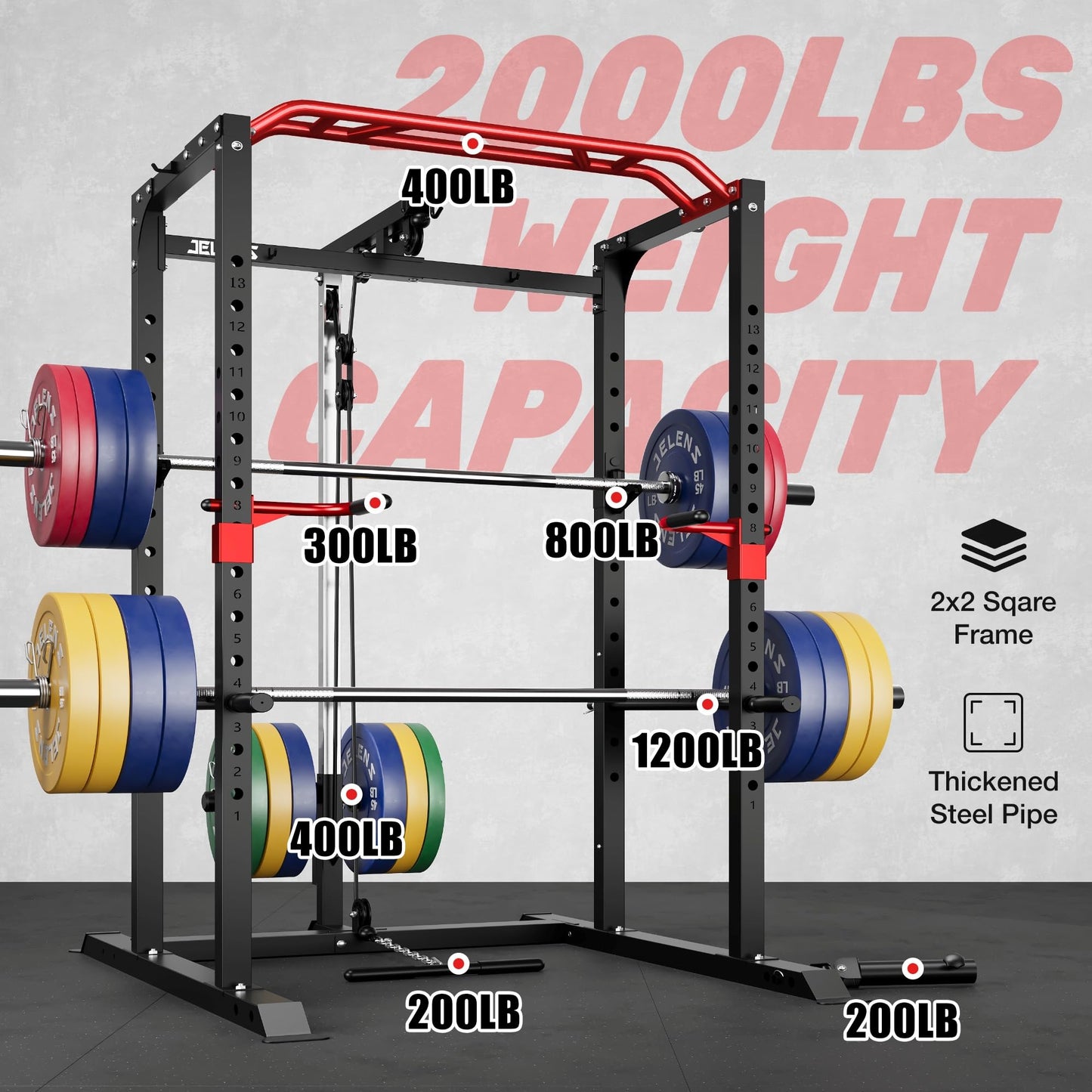 JELENS Power Cage, 2000LBS Multi-Function S11 Power Rack with LAT Pulldown, Squat Rack with Adjustable Pulley System and More Training Attachments, Weight Workout (Home Gym Package)