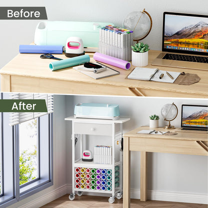 Snughome Craft Cart Compatible with Cricut Maker, Craft Organizers and Storage Table for Cricut Cart with Wheels, Drawer and 28 Vinyl Roll Holders, White, 23.6"(L) x 9.5"(D) x 31.7"(H)