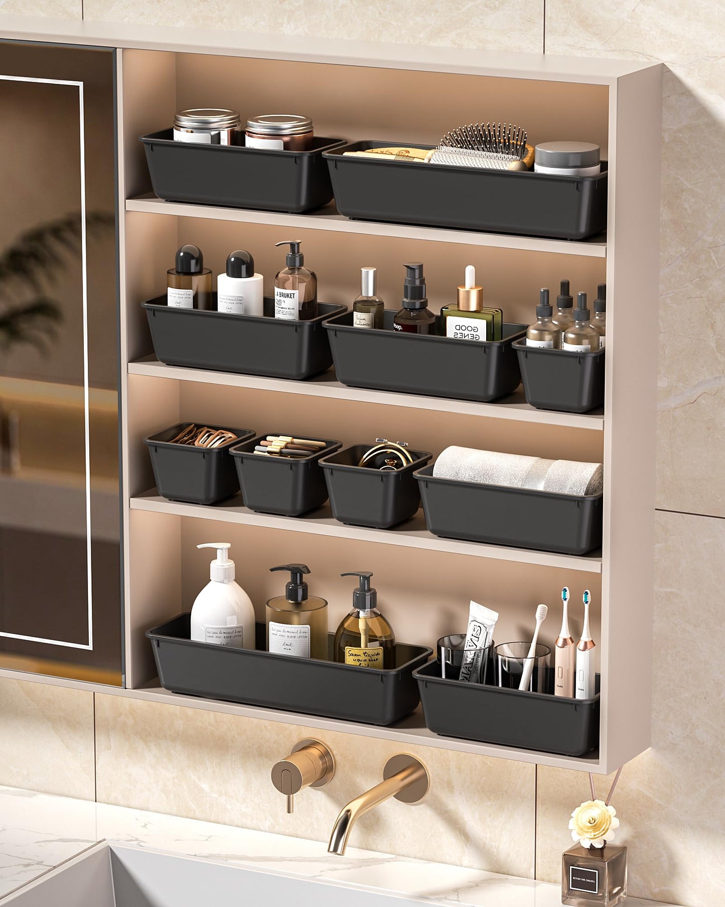 KEMETHY 25 PCS Plastic Drawer Organizers Set, 4 Sizes Vanity Organizer, Makeup and Desk Drawer Organizer Trays, Organization and Storage for Makeup, Bathroom, Kitchen Utensils and Office (Black)