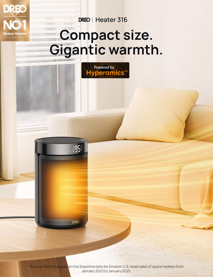 Dreo Space Heater, Portable Electric Heaters for Indoor Use with Thermostat, Digital Display, 1-12H Timer, Eco Mode and Fan Mode, 1500W PTC Ceramic Fast Safety Heat for Office Bedroom Home, Black