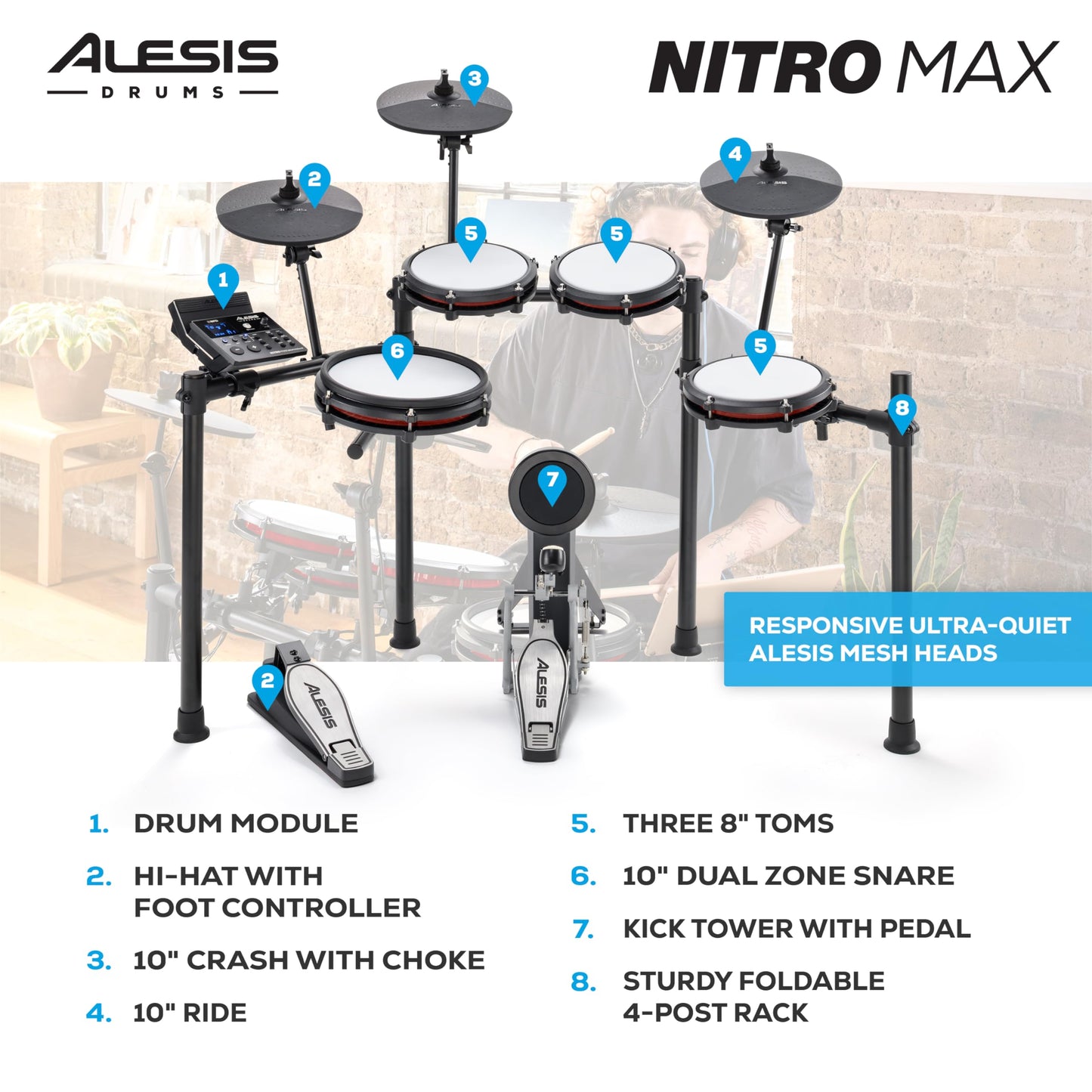 Alesis Nitro Max Kit Compact Electric Drum Kit with Quiet Mesh Pads, 10" Dual-Zone Snare, Bluetooth, 440+ BFD Sounds, Drumeo, USB MIDI, Kick Pedal