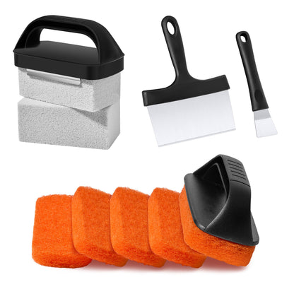 HE-SANQI Griddle Cleaning Kit for Blackstone, Flat Top Grill Cleaning Kit with Griddle Scraper, Grill Brick, Scouring Pads & Ergonomic Handles to Remove Grease, Burnt Residue (11 PCS)