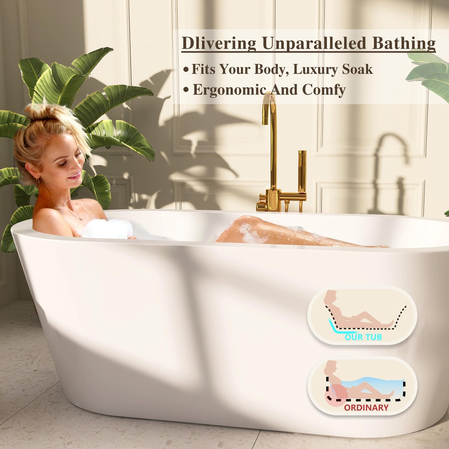 Adecab 61" Freestanding Bathtubs, Acrylic Soaking Tubs for Adult, Integrated Overflow and Drain, cUPC Certified, Glossy White
