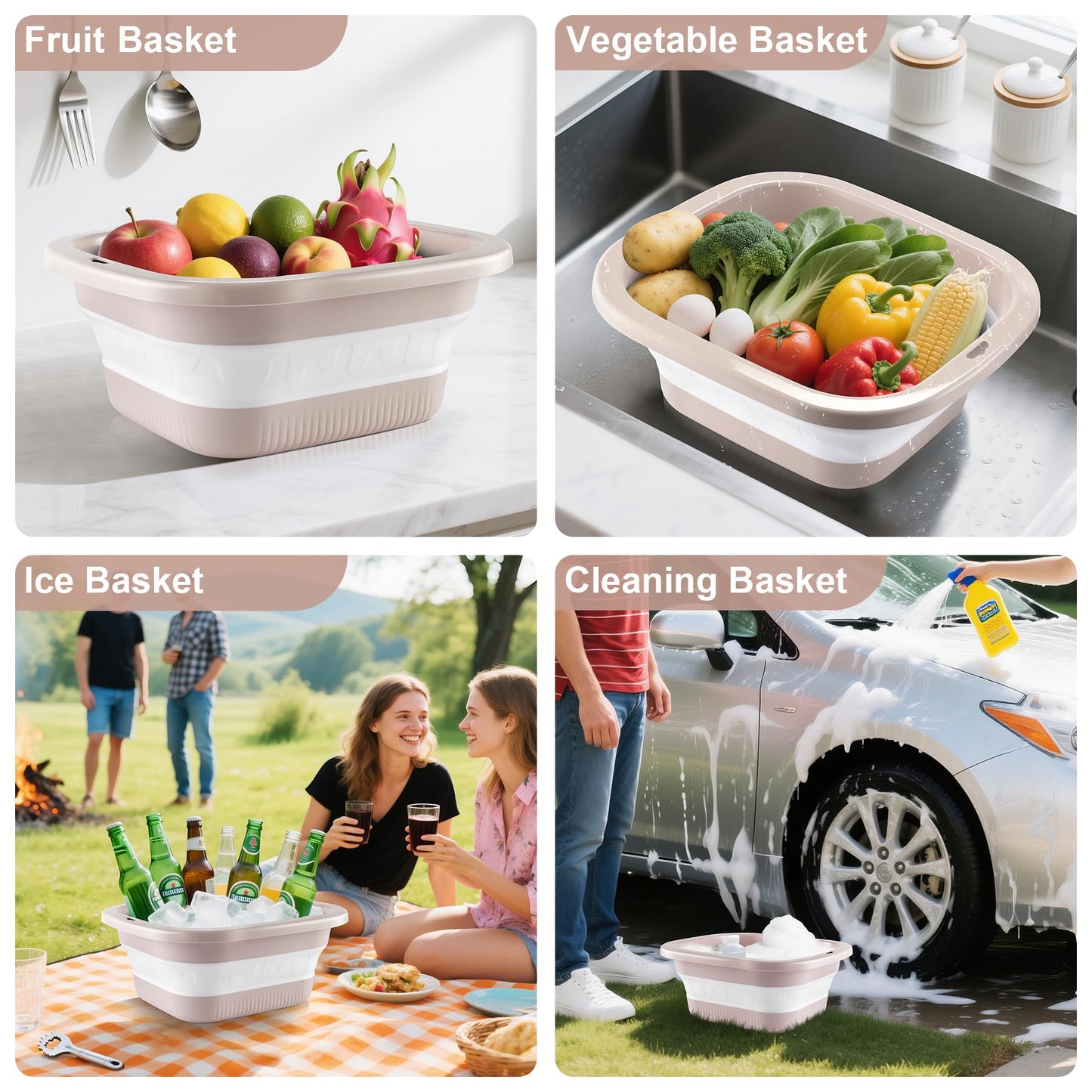 SINGARO 2.8 Gal (10.5L) Collapsible Dish Basin with Drain Basket Colanders, Multiuse Double-Layer Foldable Strainers Sink Tub, Collapsible Wash Basin Pan, Plastic Tubs, Dishpan, Kitchen Sink, Pink