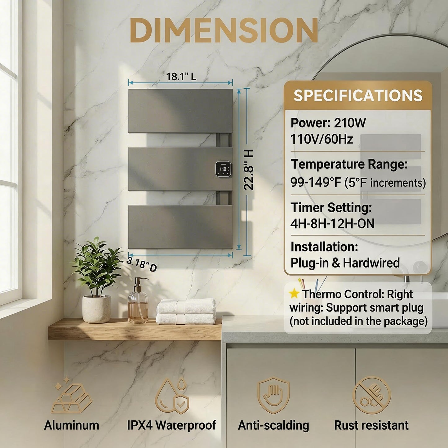 HSTRUKT Electric Towel Warmer, Heated Towel Rack with Thermo Control and Timer, Fast Heating Towel Rail for Bathroom with Memroy Function, Work with Smart Plug, Right-Wiring, 3 Panel, Gun Gray
