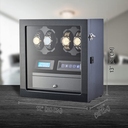 4 Watch Winder with 5 Watch Storage Space, LCD Display, Touch Control and Interior Light (Black + Black)