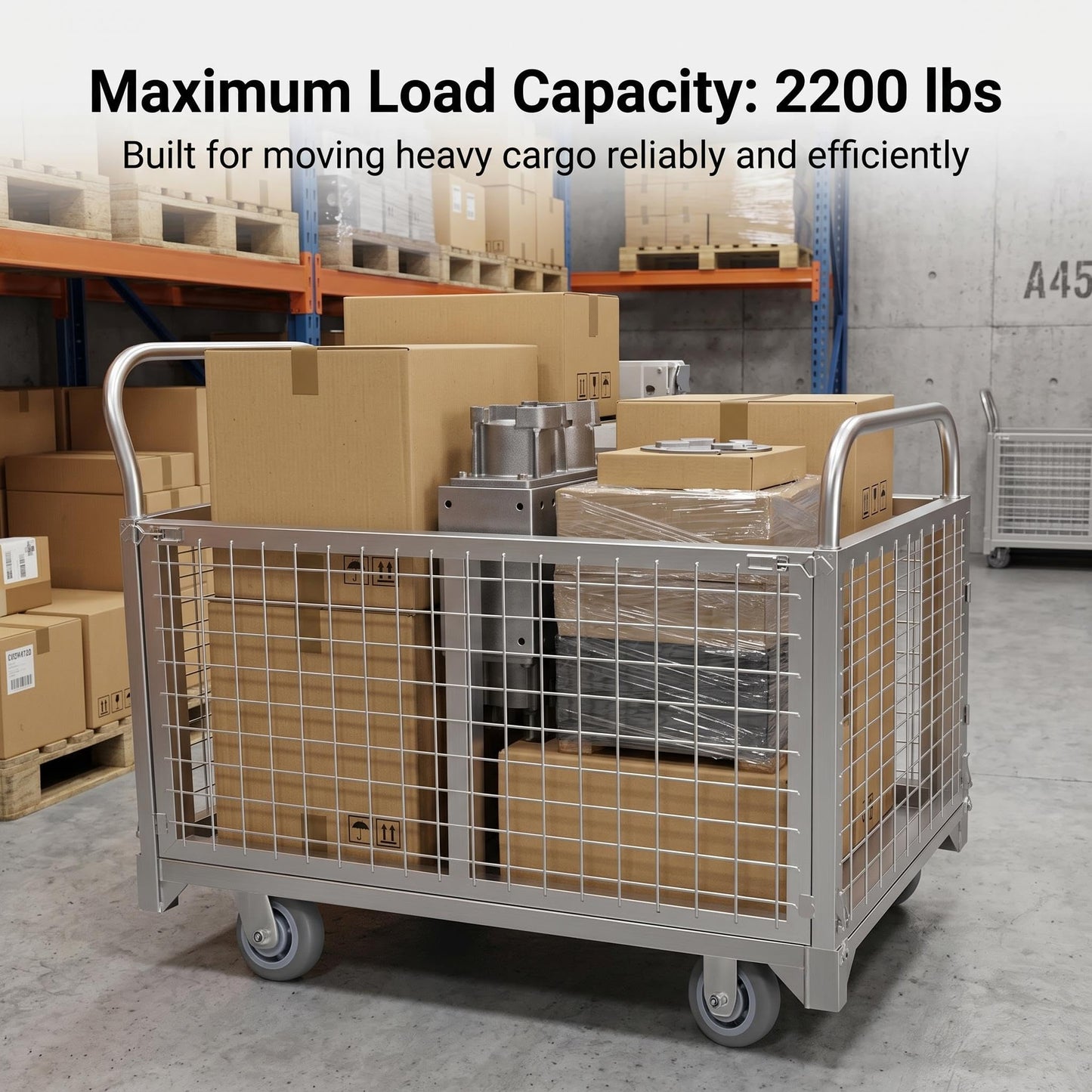 Heavy-Duty Foldable carts with cage, 39.4 x 23.6 inches Rolling cart, Capacity 2200LBS, Utility Heavy-Duty cart with Basket, for Warehouse Luggage handling, Silver