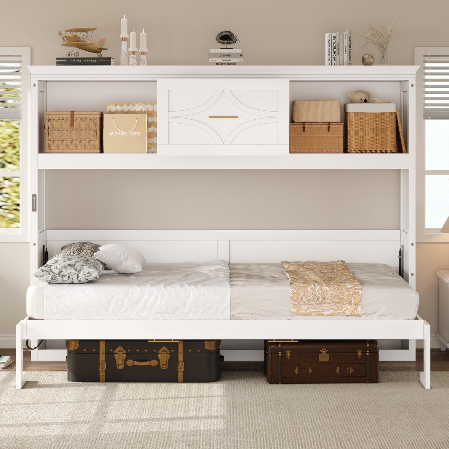 Merax Farmhouse Wood Murphy Bed Chest with Charging Station & Drawer, Storage Wall Bed with Wood Slat Support/Space Saving, Twin,White