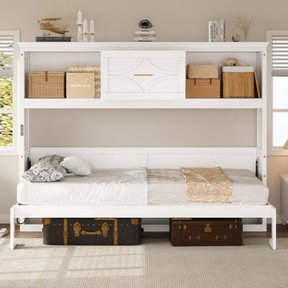 Merax Farmhouse Wood Murphy Bed Chest with Charging Station & Drawer, Storage Wall Bed with Wood Slat Support/Space Saving, Twin,White