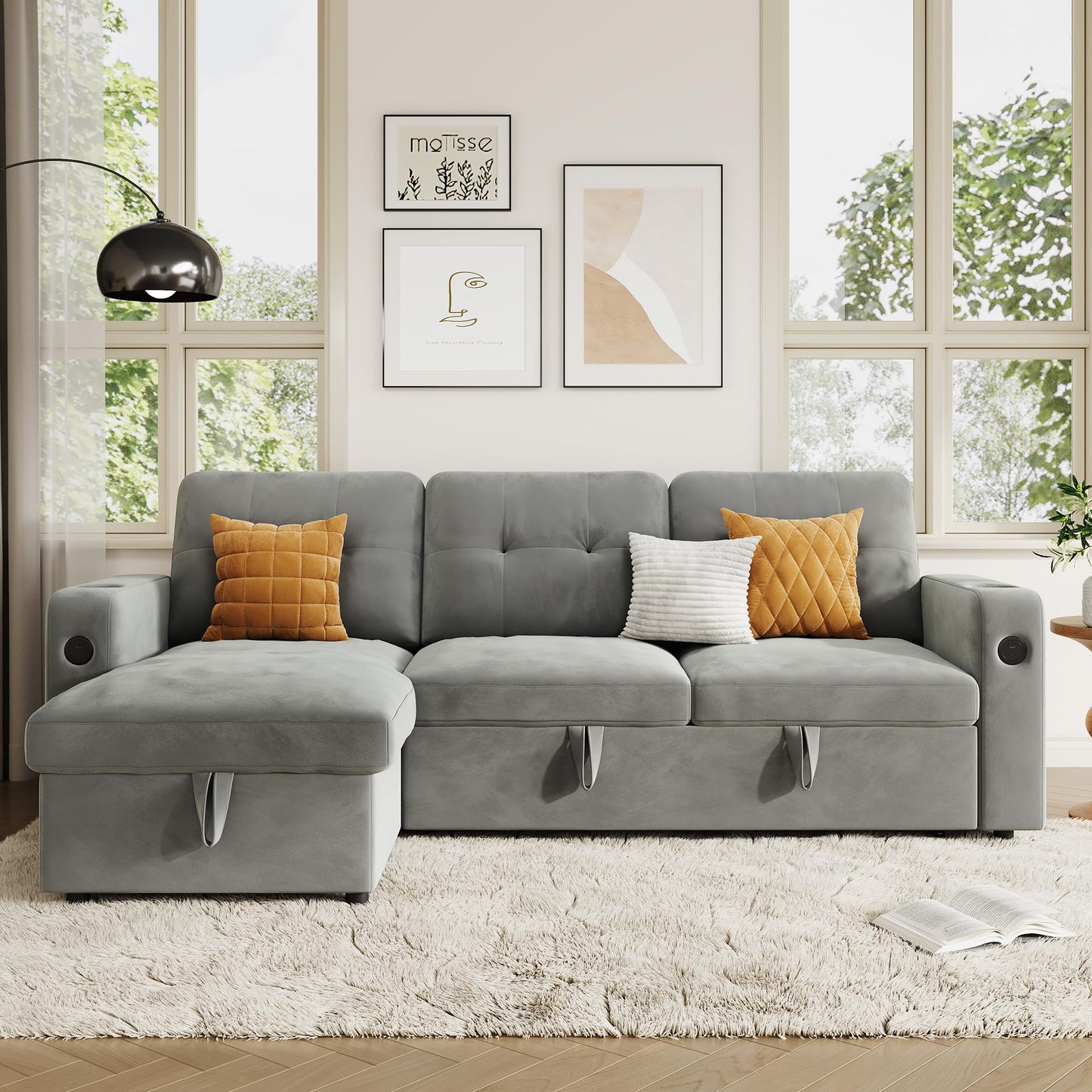 IDEALHOUSE 84" L Shaped Sleeper Sofa, Convertible Pull-Out Couch Bed with Storage & Charging Station, Sectional Sofa Bed with Cup Holder, Reversible Chaise for Living Room, Velvet, Light Gray