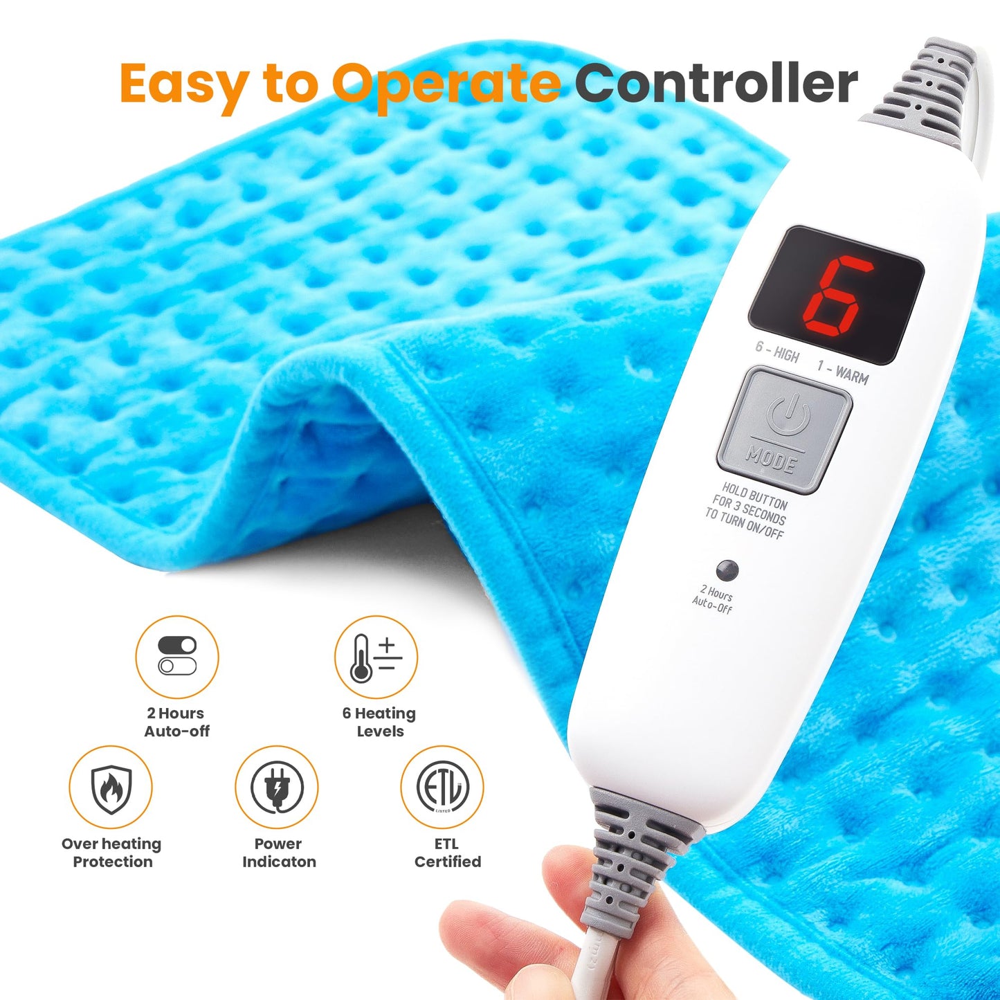 Electric Heating Pad for Back Pain Relief & Cramps - 6 Heat Settings,Auto Shut Off,Moist Heat Options,Portable Heated Pads for Neck/Shoulder Machine Washable Gift for Men Women,Grey,12"x24"
