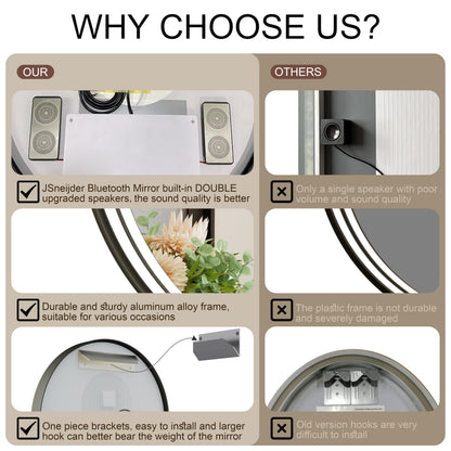 JSneijder 36 Inch Bluetooth Bathroom Mirror with LED Lights, Black Frame Round Vanity Mirror with Lights and Bluetooth, Anti-Fog, Dimmable, 3000K/4500K/6000K, CRI 90+,Memory Function