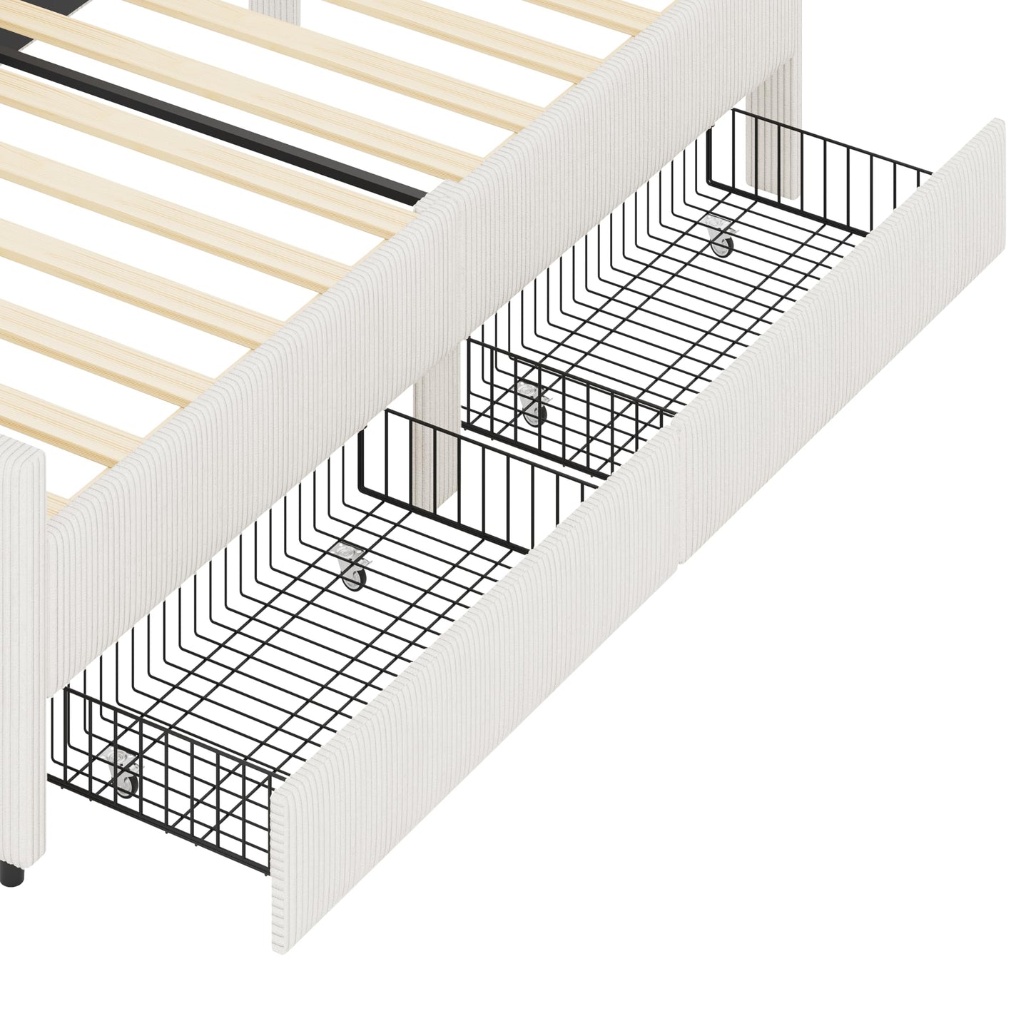 GDFStudio Twin Size L Shaped Corduroy Daybed Upholstered Bed Frame with 2 Storage Drawers Wooden Slats Semi Enclosed Design No Box Spring Needed, Beige