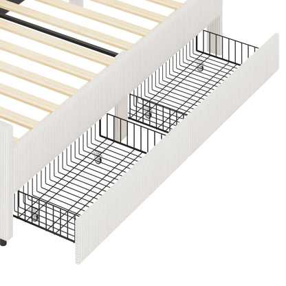 GDFStudio Twin Size L Shaped Corduroy Daybed Upholstered Bed Frame with 2 Storage Drawers Wooden Slats Semi Enclosed Design No Box Spring Needed, Beige