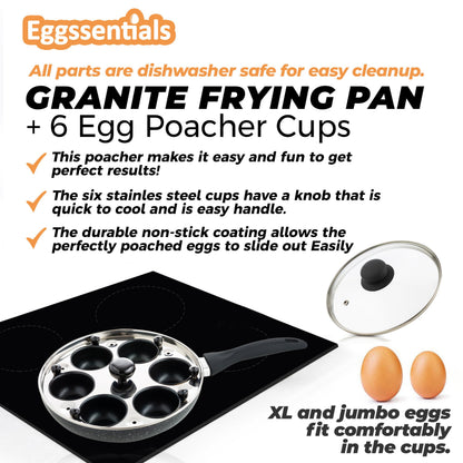 Eggssentials 2 IN 1 Egg Poacher Pan & Large Frying Pan - Poached Egg Maker, Granite Egg Poacher with 6 Cups - Egg Pan - 10 Inch Frying Pan Nonstick Omelette Pan