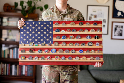 Flags of Valor American Flag Challenge Coin Display Holds 100 Coins Wooden Military Coin Holder Wall Decor Veteran Made Patriotic Flag Art Ready to Hang USA Handmade (Medium Unframed, 19" H x 36" W)
