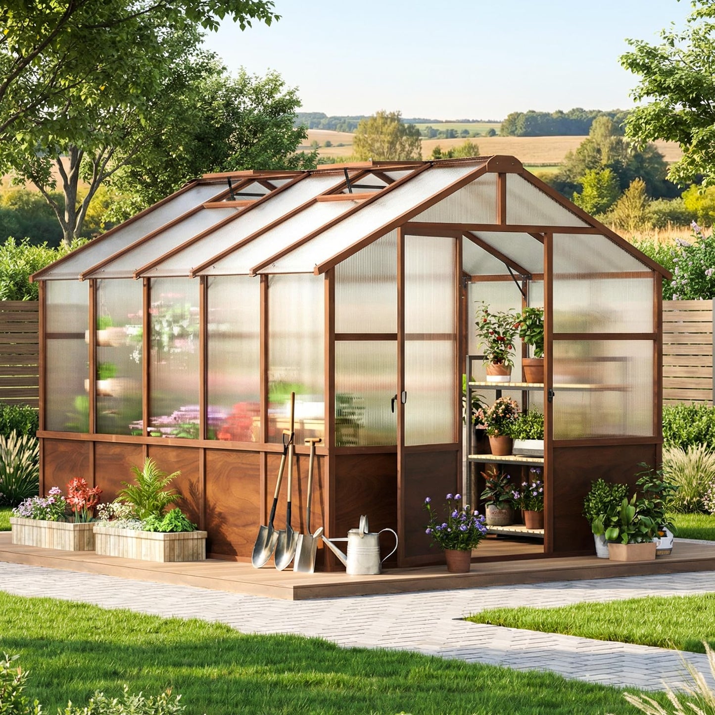 Jocoevol 8x10FT Greenhouse for Outdoors, Wooden Frame Polycarbonate Green House w/ Adjustable Roof Vent and Lockable Door Handle, Walk-in Greenhouses for Outside Garden Backyard