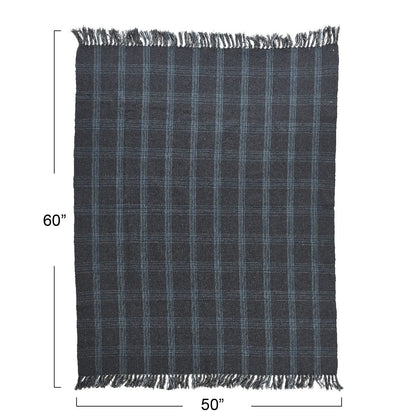Creative Co-Op Recycled Cotton Blend Throw Blanket with Fringe, Grey Plaid