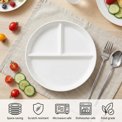 Enjamyo 2 Pcs Ceramic Portion Control Plate, 9 Inch Divided Plate, 3-Compartment Portion Plate, White Dinner Plates for Adults Weight Loss Healthy Eating Bariatric