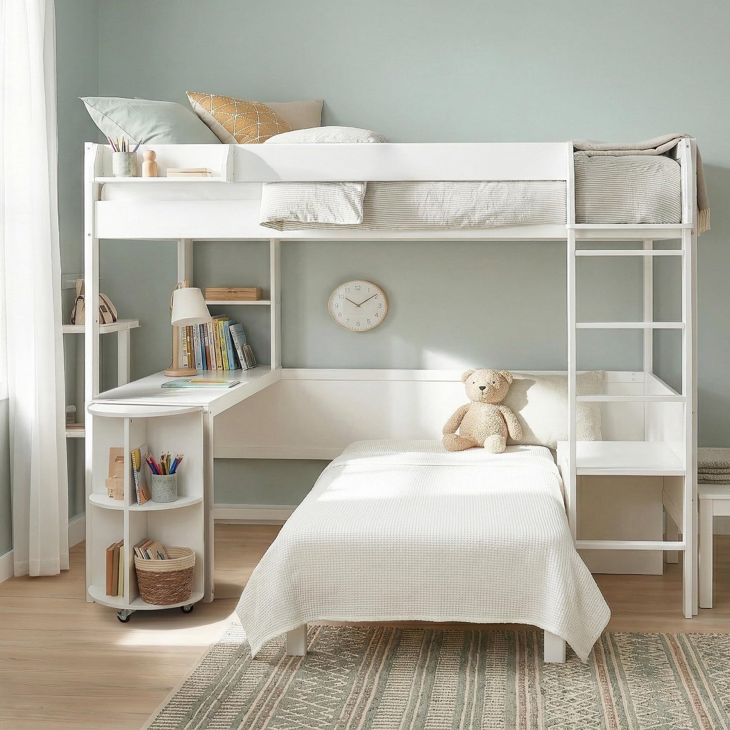 Merax Full Size Loft Bed with Extendable Desk and Lights, Wood Loft Bed Frame with Storage Shelves & Padded Foldable Sofa, Space-Saving Loft Bed for Teens Adults, Dorm Apartment, White