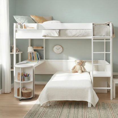 Merax Full Size Loft Bed with Extendable Desk and Lights, Wood Loft Bed Frame with Storage Shelves & Padded Foldable Sofa, Space-Saving Loft Bed for Teens Adults, Dorm Apartment, White