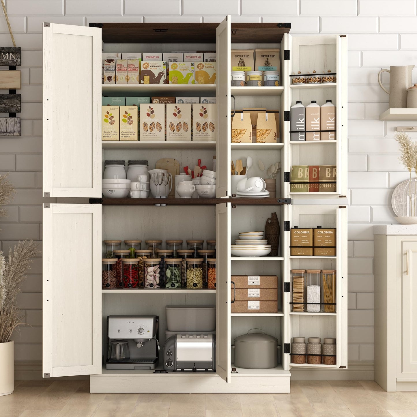 Hlivelood 71" Tall Kitchen Pantry,Farmhouse Storage Cabinet with Barn Doors,Organizer,Rustic Wood Cupboard,Farmhouse Pantry Cabinet for Kitchen,Dining Room,Living Room(Rustic White)