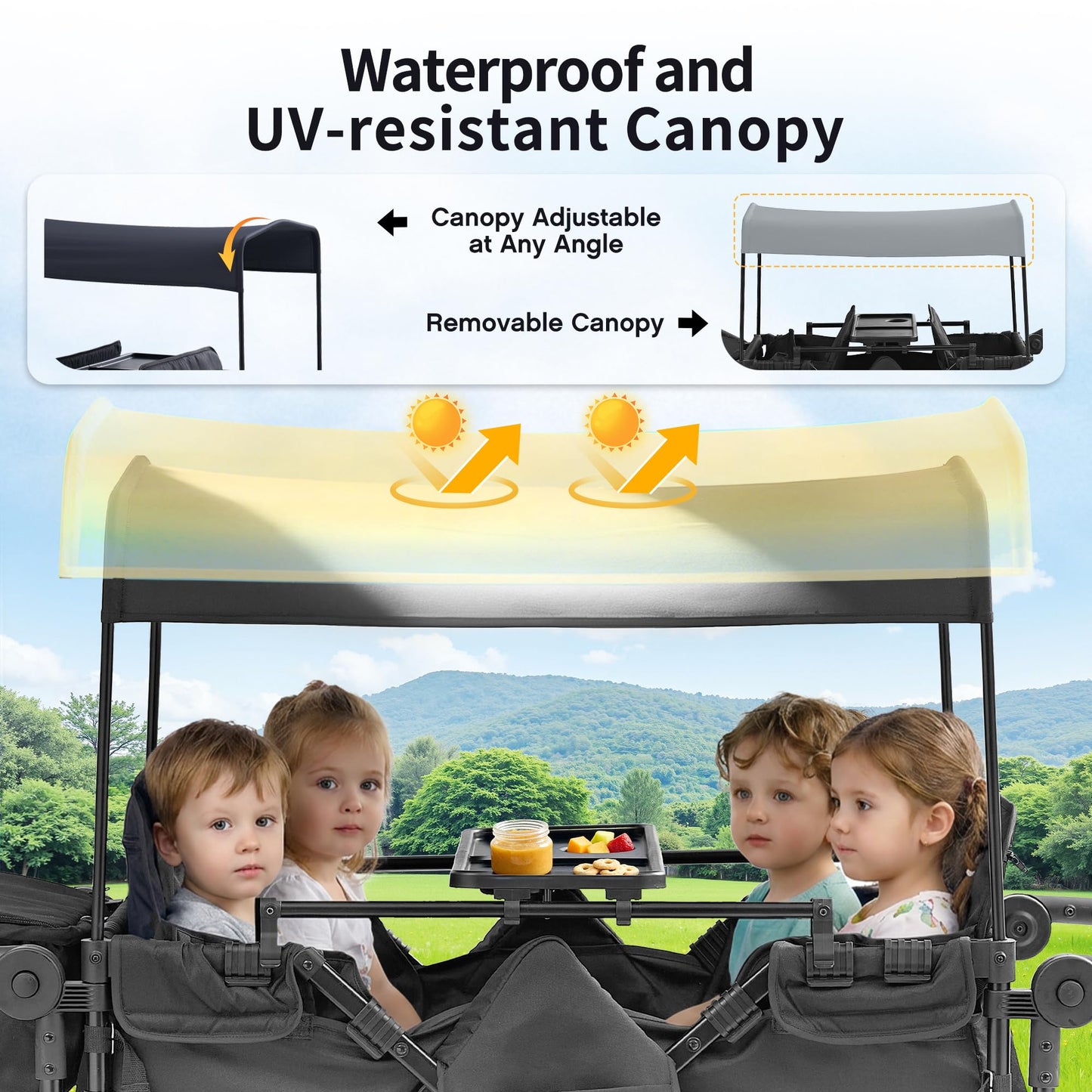 Stroller Wagon for 4 Kids, 4 Seater Wagon Stroller with Convertible Seats Footrests, Snack Tray, Storage Bag, Removable Canopy, Wagon Stroller 4 Seater with Double Push Handle (Black-Convertible)