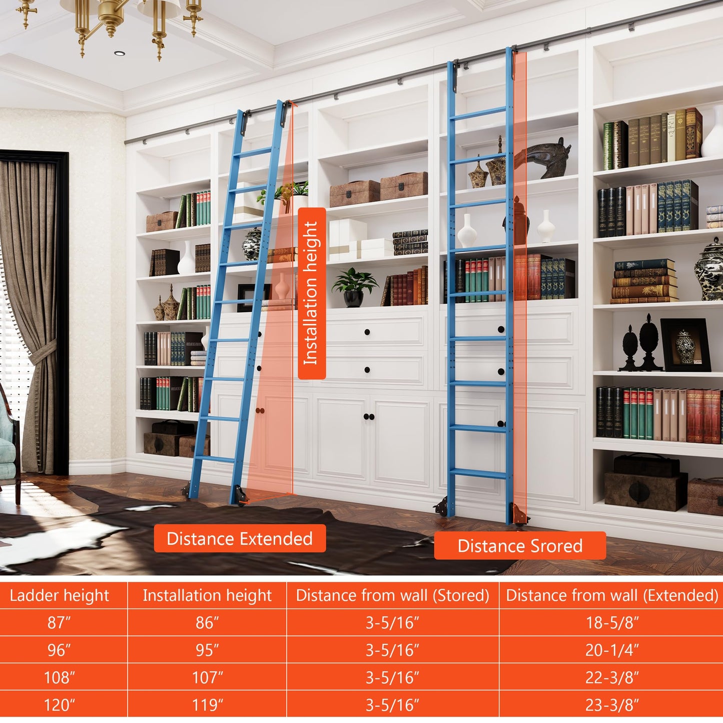 DIYHD 96" Sliding Library Ladder with 8 Steps, Telescopic Top Hook, Lightweight Rolling Ladder with Upright Space-Saving Storage, Kit with 4FT Sliding Rail, Bottom Rollers, 300lbs Capacity, Blue