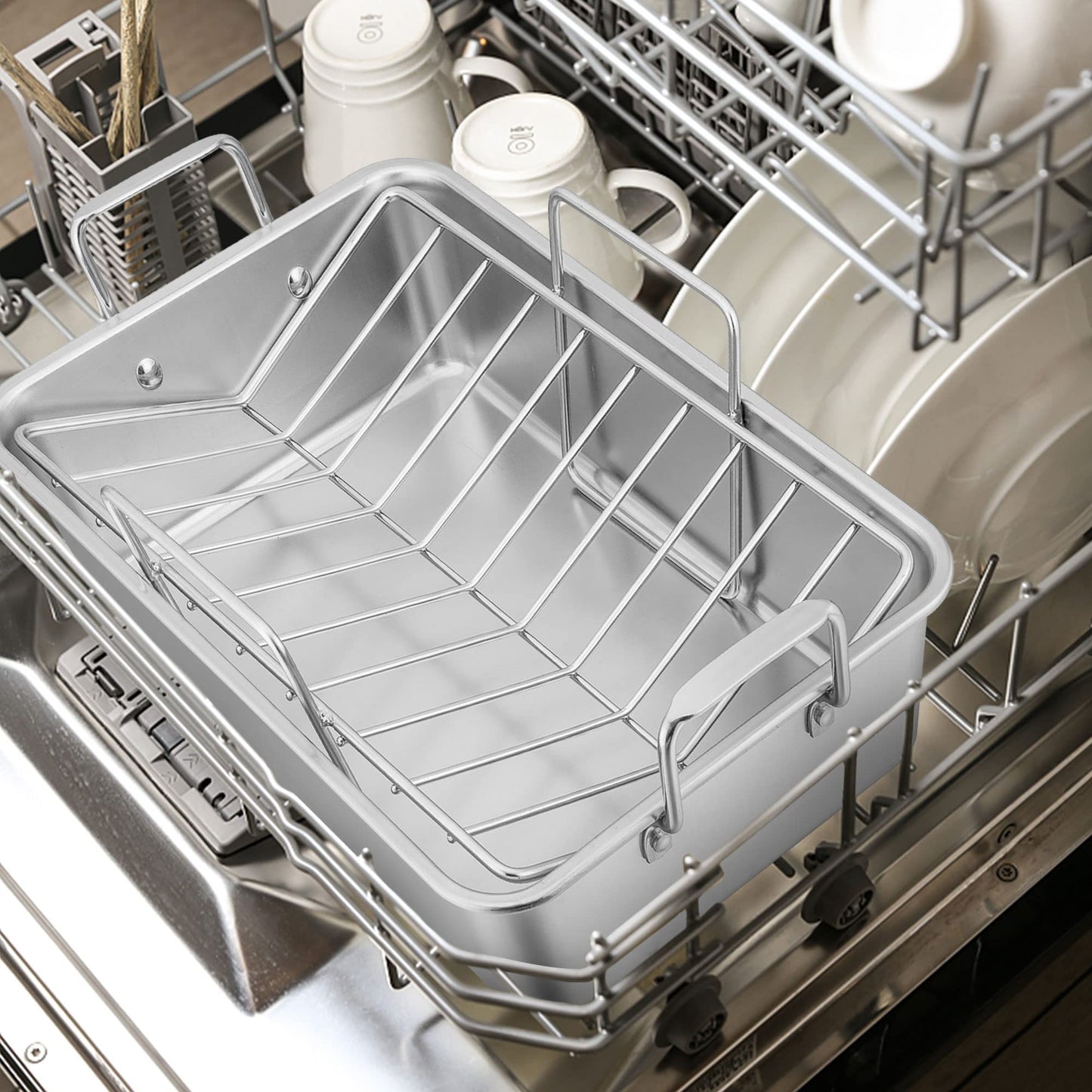 Leonyo Large Turkey Roasting Pan with V-shaped Rack, Rectangular 16 x 11.5 Inch Stainless Steel Turkey Roaster Pan with Rack Heavy Duty for Chicken Lasagna Vegetables Brownie, Dishwasher Safe, 2Pcs