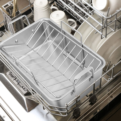 Leonyo Large Turkey Roasting Pan with V-shaped Rack, Rectangular 16 x 11.5 Inch Stainless Steel Turkey Roaster Pan with Rack Heavy Duty for Chicken Lasagna Vegetables Brownie, Dishwasher Safe, 2Pcs