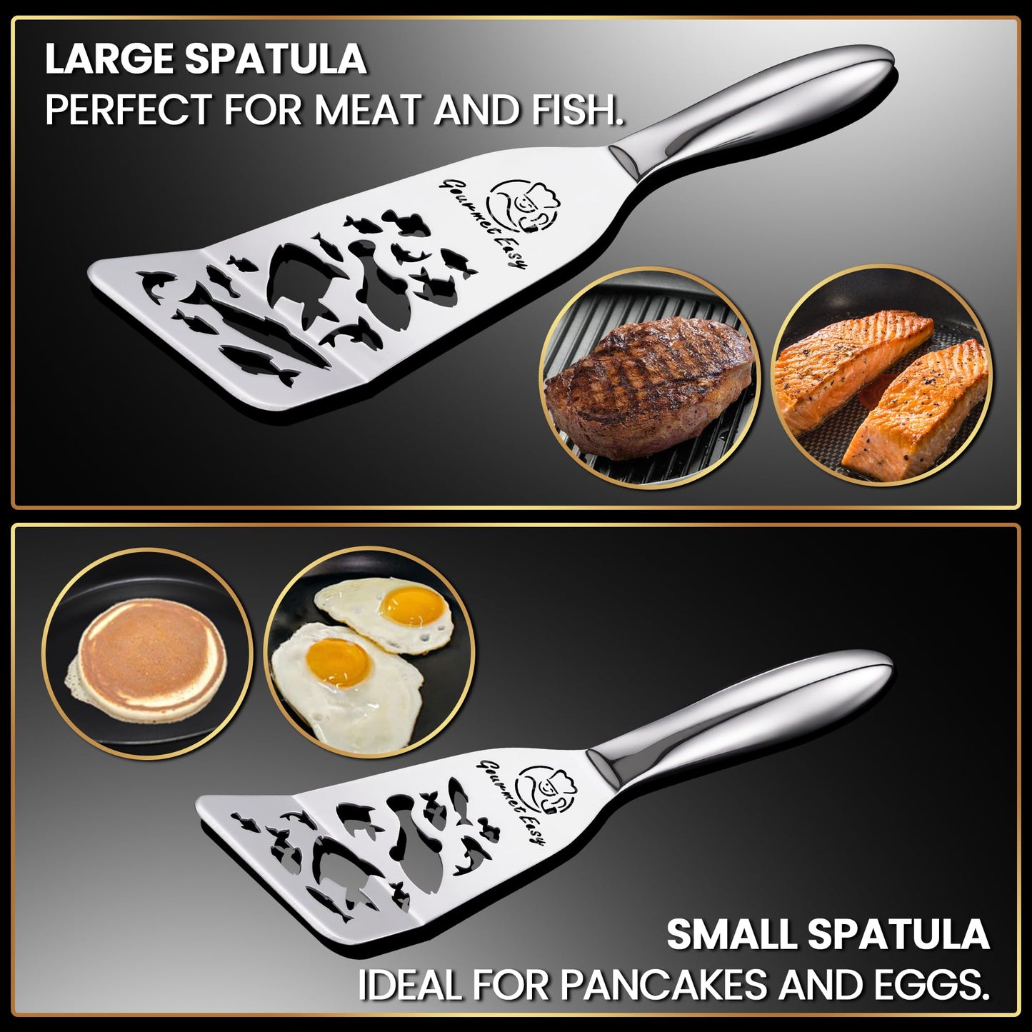 Stainless Steel Fish Spatula Set – Funky Fish Edition, 1 Large Fish Turner + 1 Small Metal Spatula, Ultra-Thin Edge for Easy Turning & Flipping, Ergonomic Non-Slip Handle, Dishwasher Safe
