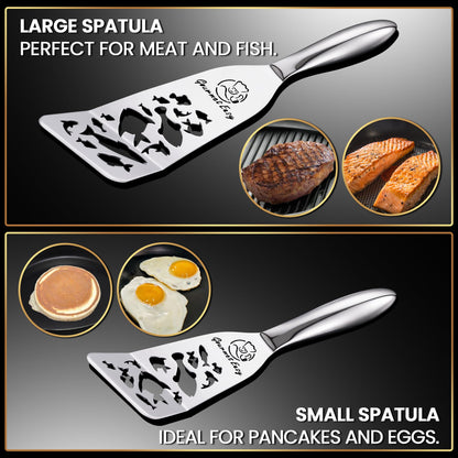 Stainless Steel Fish Spatula Set – Funky Fish Edition, 1 Large Fish Turner + 1 Small Metal Spatula, Ultra-Thin Edge for Easy Turning & Flipping, Ergonomic Non-Slip Handle, Dishwasher Safe