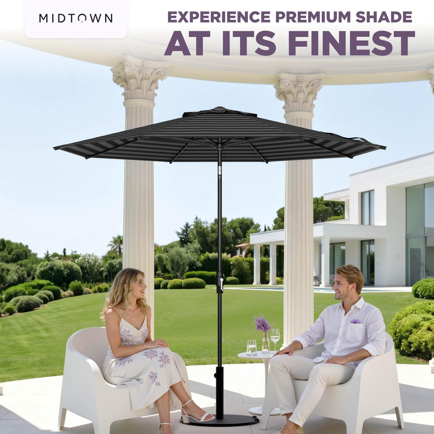Midtown Umbrellas – The Swilt 9 Ft Patio Umbrella with 360° Swivel & Tilt Mechanism, Sunbrella Fabric & 8 Fiberglass Ribs – Outdoor Umbrella for Deck, Pool & Cafes – Black & White Canopy, Black Pole
