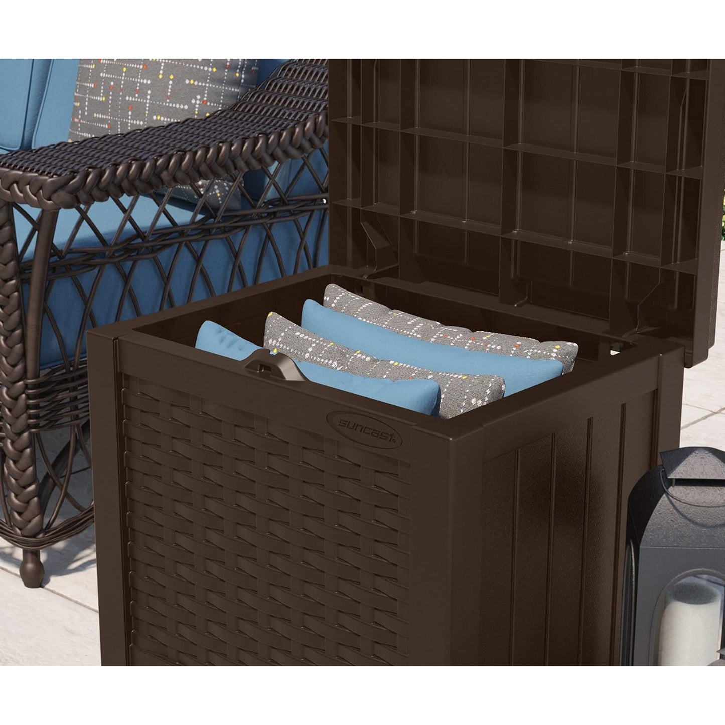 Suncast 22-Gallon Small Deck Box - Lightweight Resin Storage Container and Seat for Patio Cushions and Gardening Tools - Store Items on Patio, Garage, 22.5"L x 17"W x 22.5"H, Yard - Java Brown