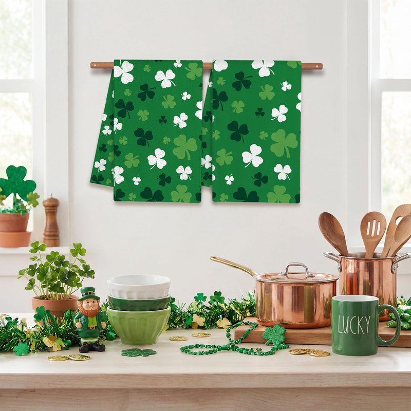 FUTBU St. Patrick's Kitchen Towels, Green Clover Shamrock Dish Towels Set of 2 for Bathroom Decorations, 18x26 Inch Farmhouse Holiday Spring Decoration