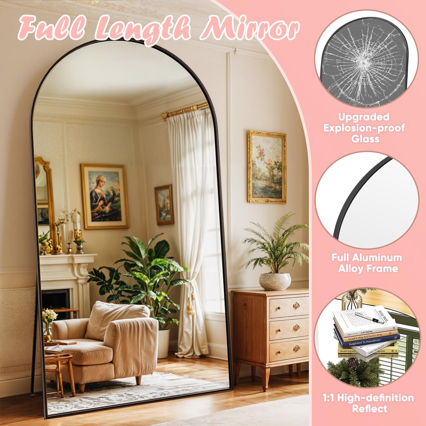 Novlux Full Length Mirror, 81" x 41" Arched Full Body Mirror Large Standing Floor Mirrors, Mirrors for Bedroom, Bathroom, Living Room Standing or Wall Leaning, Black